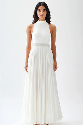 Ivory Chiffon Pleated High Neck Maxi Engagement Dress