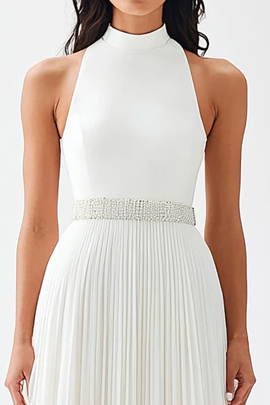 Ivory Chiffon Pleated High Neck Maxi Engagement Dress