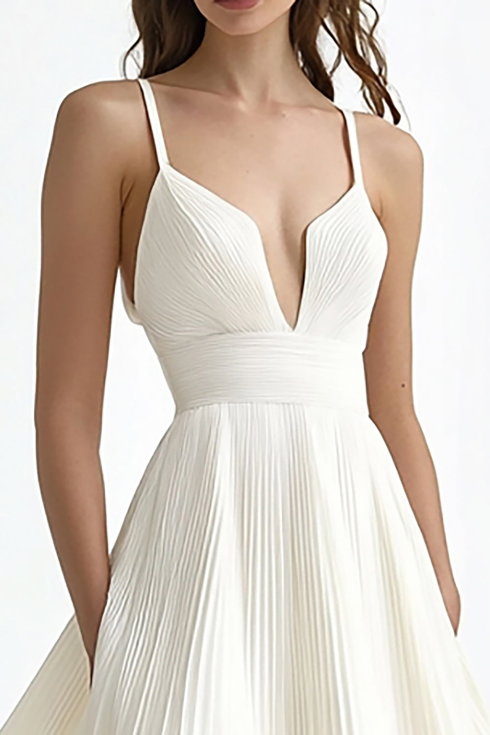 Ivory Chiffon Pleated A Line Midi Engagement Dress