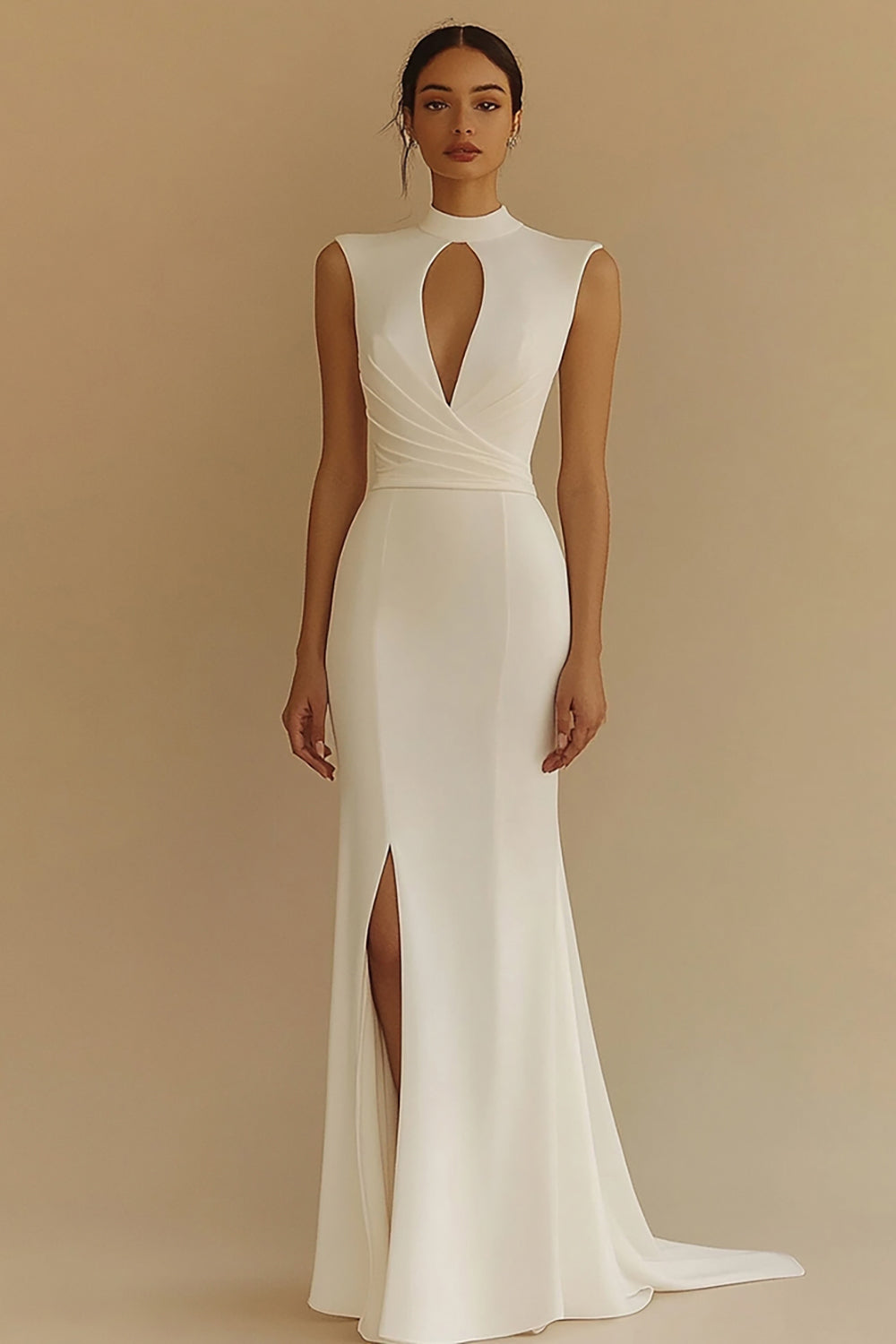 Zapaka Women Long Ivory Engagement Dress with Slit Sleeveless High Neck Satin Sheath Wedding Reception Dress, Ivory / US16W