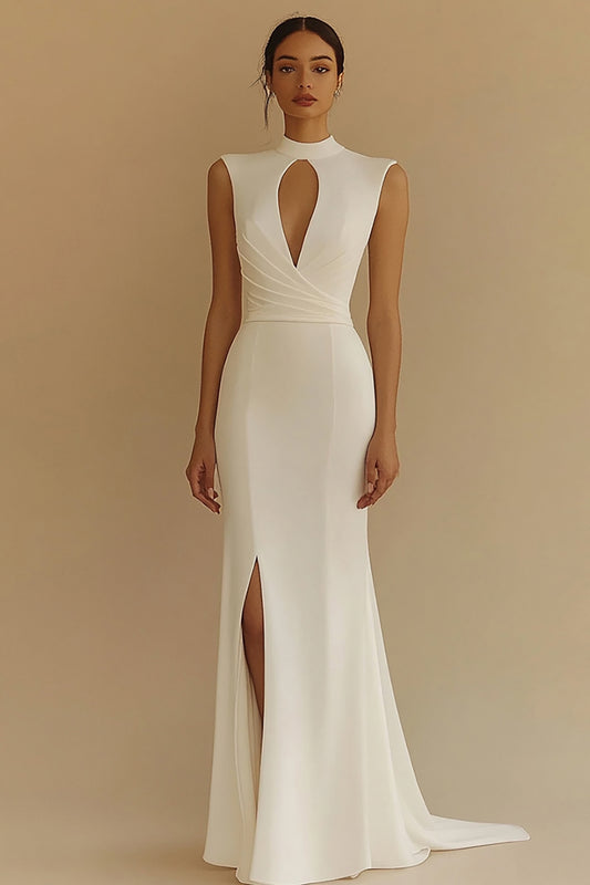 Ivory High Neck Keyhole Satin Maxi Rehearsal Dinner Dress with Slit