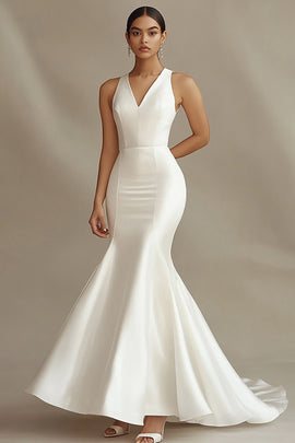 Ivory Mermaid V-Neck Satin Sweep Train Rehearsal Dinner Dress
