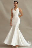 Ivory Mermaid V-Neck Satin Sweep Train Rehearsal Dinner Dress