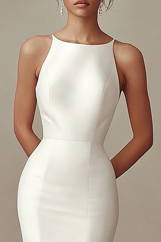 Ivory Mermaid Boat Neck Satin Maxi Rehearsal Dinner Dress