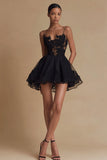 Black Tulle Spaghetti Straps A Line Mini Cocktail Dress with Lace