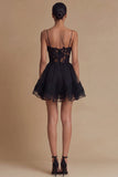 Black Tulle Spaghetti Straps A Line Mini Cocktail Dress with Lace