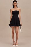 Simple Black Satin A Line Mini Strapless Cocktail Dress