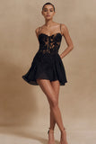 Black Spaghetti Straps A Line Short Cocktail Dress with Lace