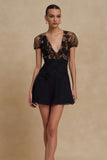 Black V-Neck Tulle A Line Short Cocktail Dress with Sleeves