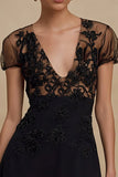 Black V-Neck Tulle A Line Short Cocktail Dress with Sleeves