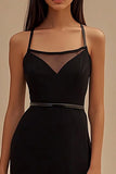 Black Tight Illusion Neck Spaghetti Straps Midi Cocktail Dress
