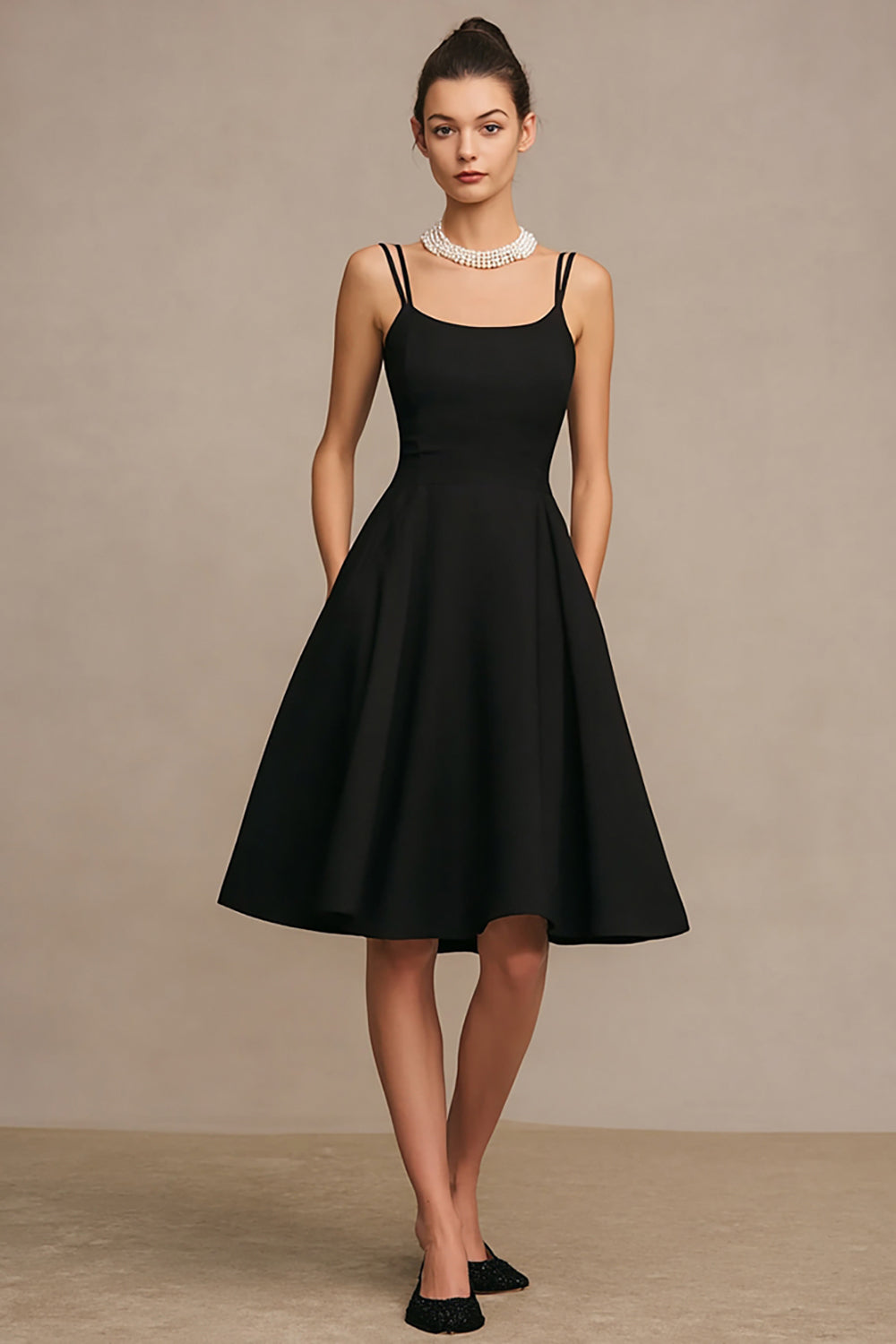 Simple Black A Line Scoop Satin Midi Cocktail Dress with Pockets