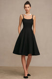 Simple Black A Line Scoop Satin Midi Cocktail Dress with Pockets