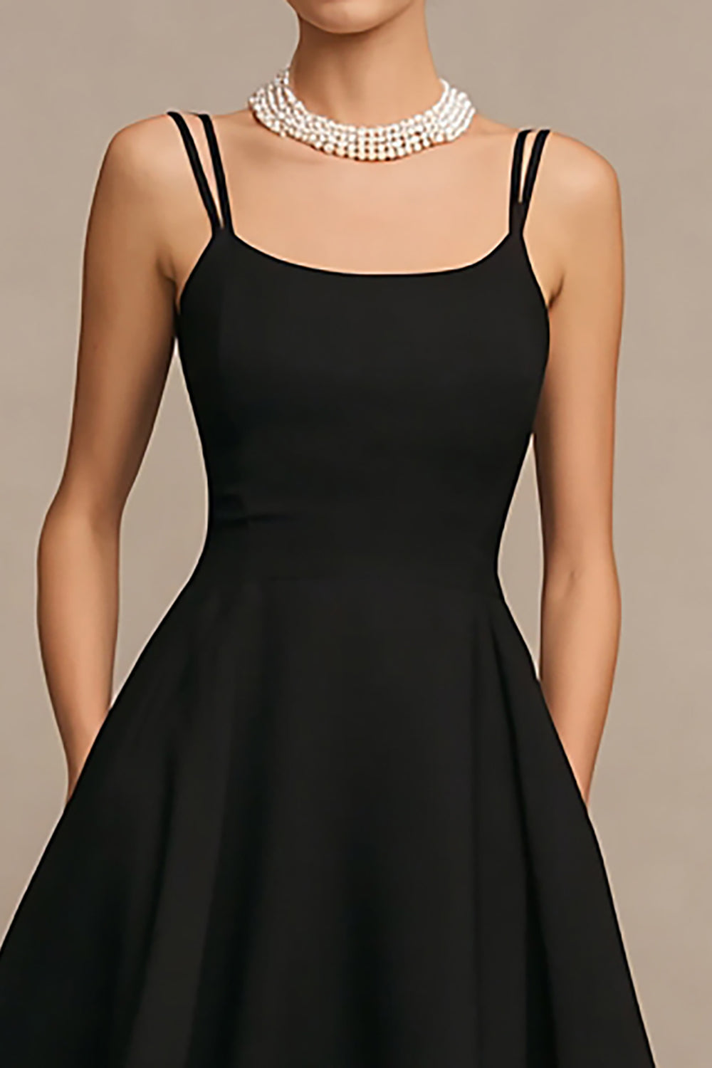 Simple Black A Line Scoop Satin Midi Cocktail Dress with Pockets