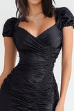 Black V-Neck Bodycon Ruched Mini Cocktail Dress with Sleeves