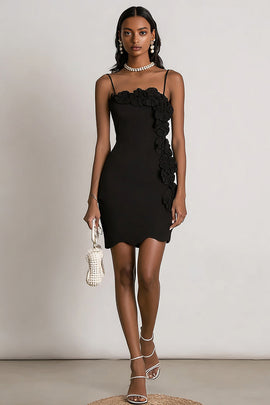 Black Floral Spaghetti Straps Tight Mini Cocktail Dress