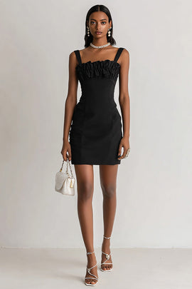 Black Straight Neck Bodycon Mini Cocktail Dress with Ruffles