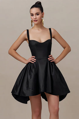 Simple Black Satin Spaghetti Straps A Line Mini Cocktail Dress