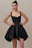 Simple Black Satin Spaghetti Straps A Line Mini Cocktail Dress