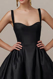 Simple Black Satin Spaghetti Straps A Line Mini Cocktail Dress