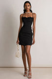 Black Spaghetti Straps Tight Mini Cocktail Dress with Ruffles