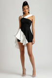 Black and White Asymmetrical Mini Tight Cocktail Dress with Ruffles