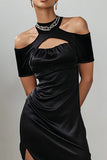 Black Cold Shoulder Satin Keyhole Asymmetrical Cocktail Dress
