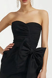 Black Satin Sweetheart Bodycon Mini Cocktail Dress with Bow