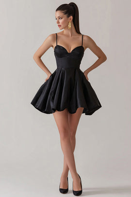 Black Satin Spaghetti Straps A Line Mini Cocktail Dress