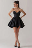 Black Satin Spaghetti Straps A Line Mini Cocktail Dress