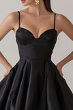Black Satin Spaghetti Straps A Line Mini Cocktail Dress