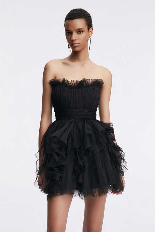Strapless Tulle A Line Little Black Dress with Ruffles