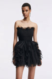 Strapless Tulle A Line Little Black Dress with Ruffles