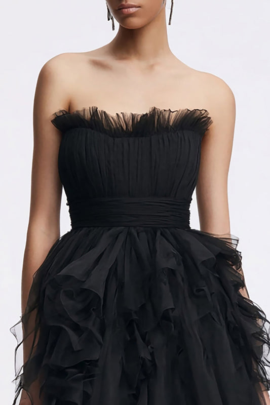 Strapless Tulle A Line Little Black Dress with Ruffles
