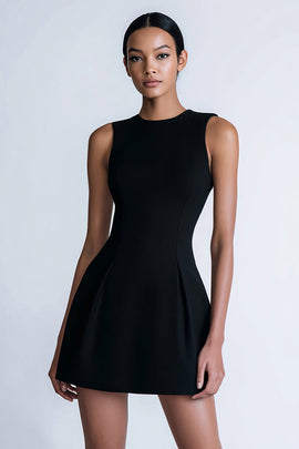 Simple A Line Satin Crew Neck Short Little Black Dress