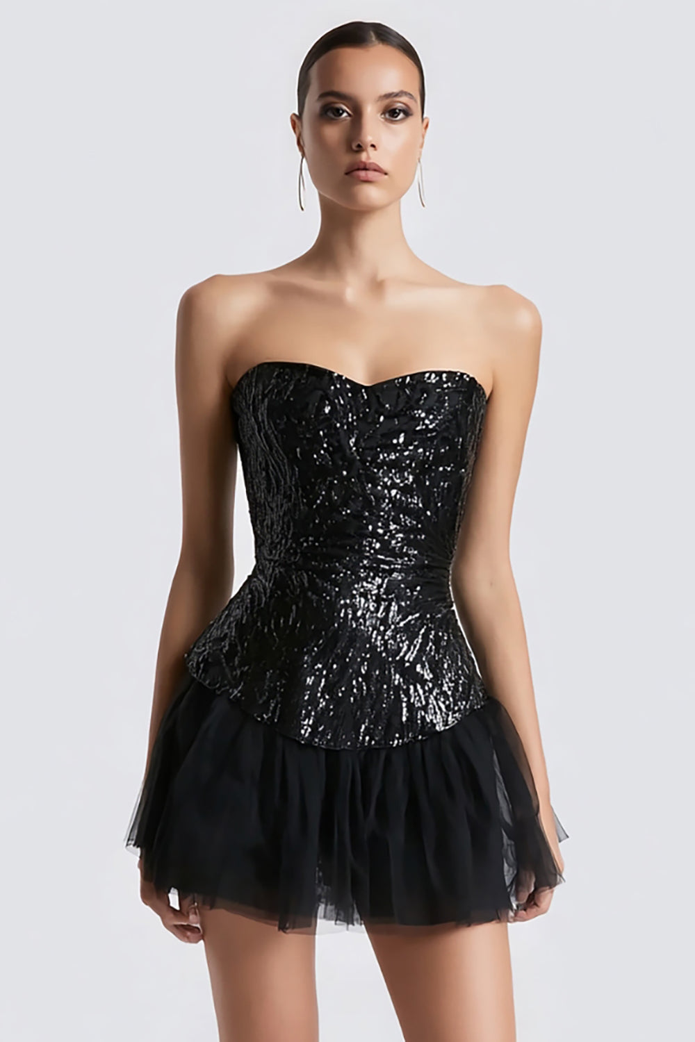 Sparkly Sweetheart Sequins Bodycon Little Black Dress with Tulle