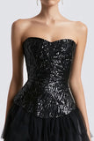 Sparkly Sweetheart Sequins Bodycon Little Black Dress with Tulle