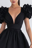 A Line V Neck Short Little Black Dress with Ruffles