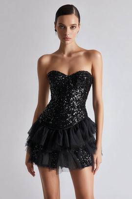 Sparkly Sweetheart Sequins A Line Short Little Black Dress