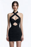 Tight Halter Bodycon Keyhole Ruched Little Black Dress