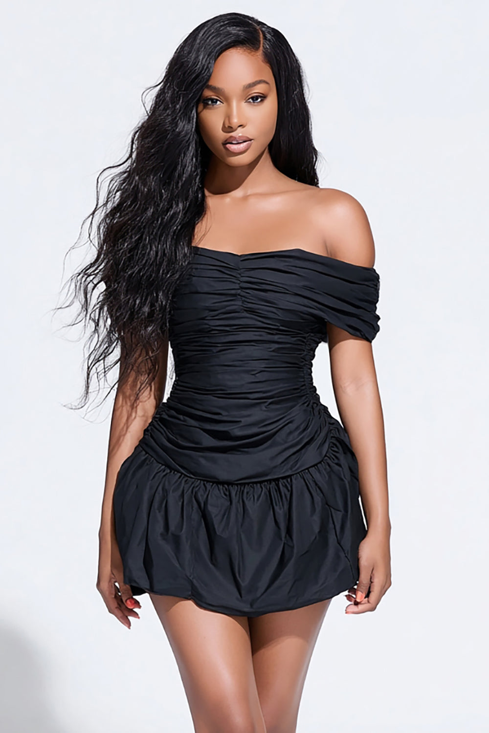 Off the Shoulder Ruched Tight Short Little Black Dress