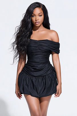 Off the Shoulder Ruched Tight Short Little Black Dress