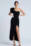 Simple Sheath One Shoulder Long Black Tie Dress with Slit