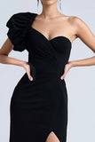 Simple Sheath One Shoulder Long Black Tie Dress with Slit