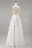 White Spaghetti Straps A Line Maxi Rehearsal Dinner Dress with Lace