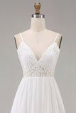 White Spaghetti Straps A Line Maxi Rehearsal Dinner Dress with Lace