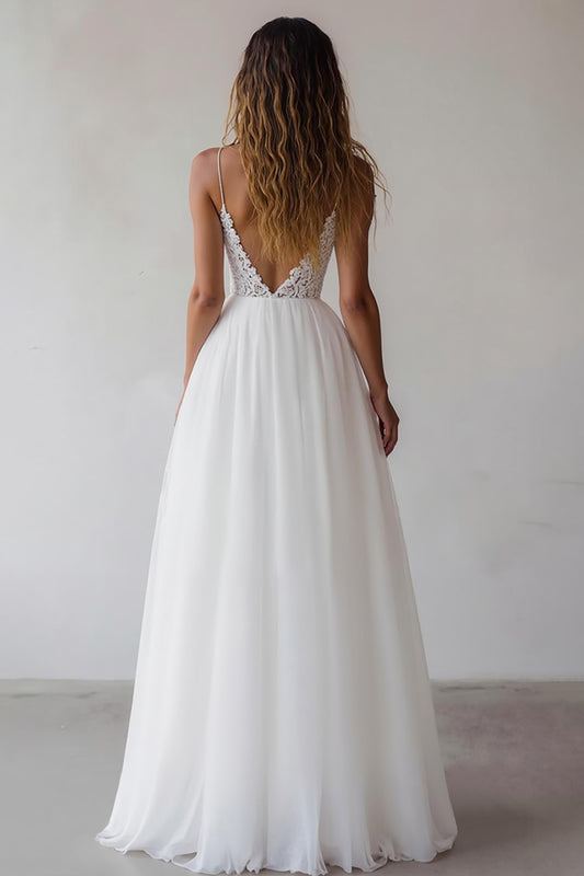 White Spaghetti Straps A Line Maxi Rehearsal Dinner Dress with Lace