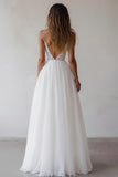 White Spaghetti Straps A Line Maxi Rehearsal Dinner Dress with Lace