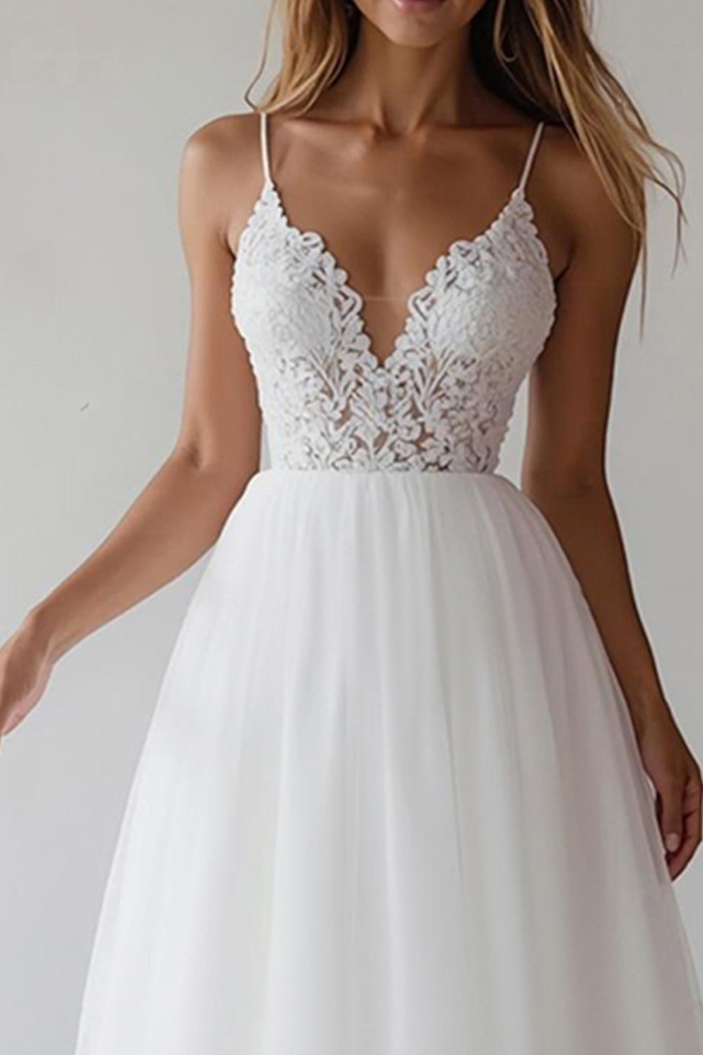 White Spaghetti Straps A Line Maxi Rehearsal Dinner Dress with Lace