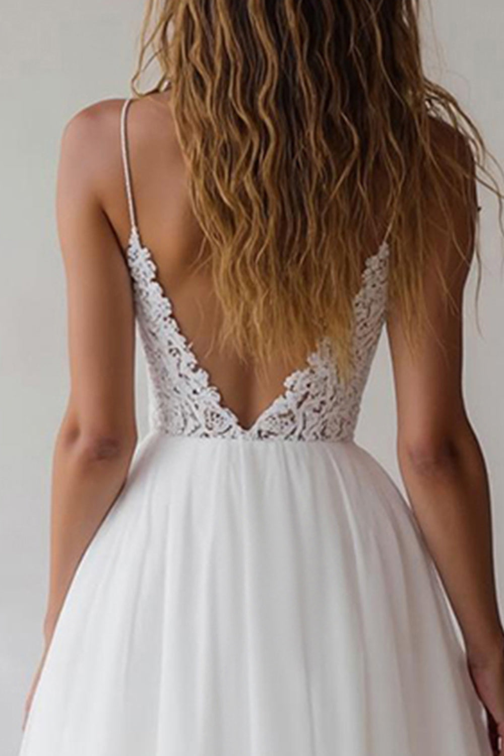 White Spaghetti Straps A Line Maxi Rehearsal Dinner Dress with Lace